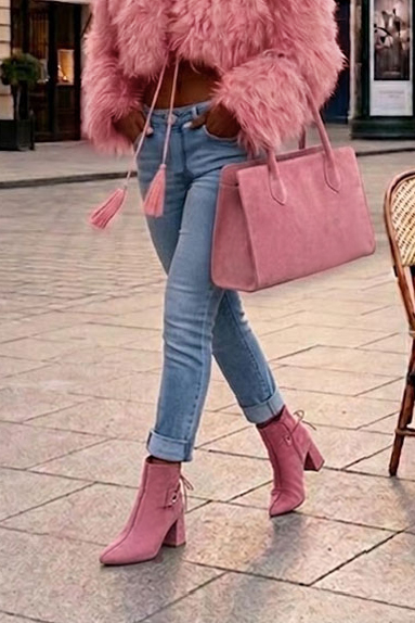 Bottines à laçage arrière pour femme en cuir rose bonbon avec bout pointu et talon fin de 7.5 cm - Vue porté