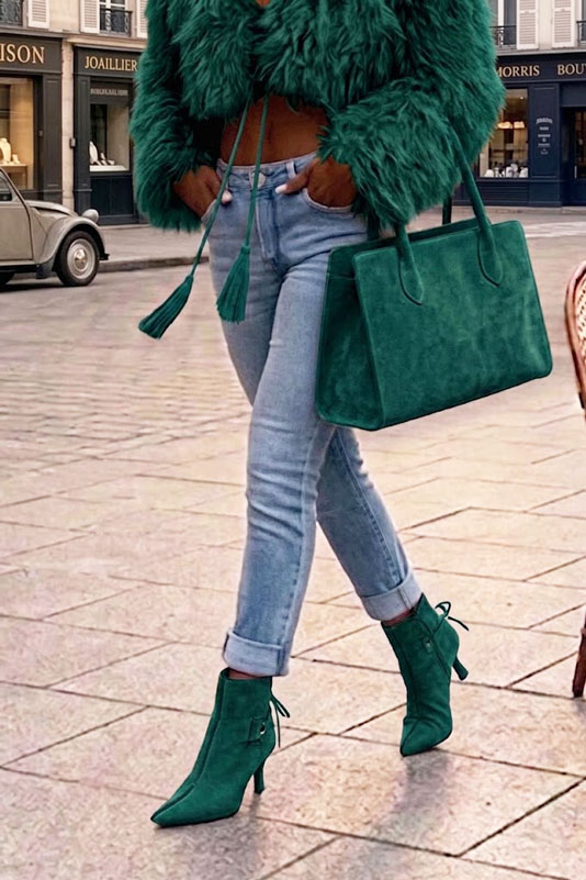 Bottines habillées femme lacets arrière en cuir vert émeraude à talon fin de 7.5 cm et bout pointu - Vue porté