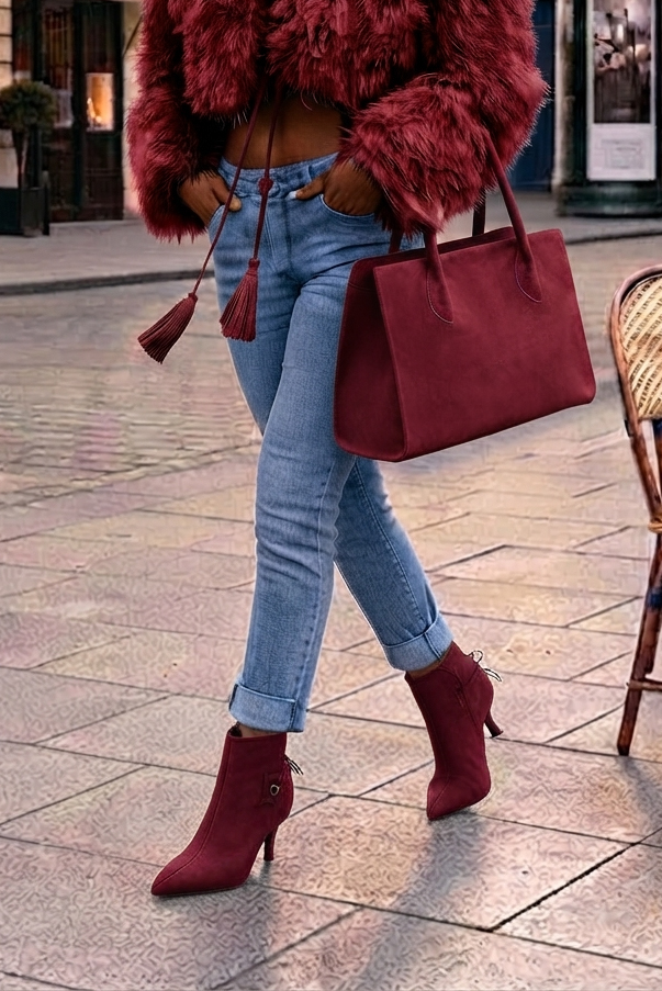 Bottines à laçage arrière pour femme en cuir bordeaux avec bout pointu et talon fin de 7.5 cm - Vue porté