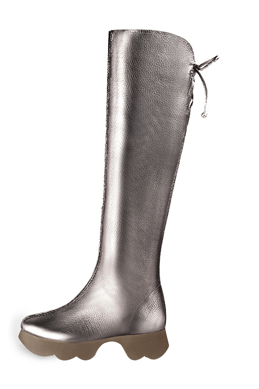 Botte femme : Bottes femme avec des lacets arrières sur mesures couleur gris cendre. Bout rond. Semelle gomme petit talon. Vue de profil - Florence KOOIJMAN