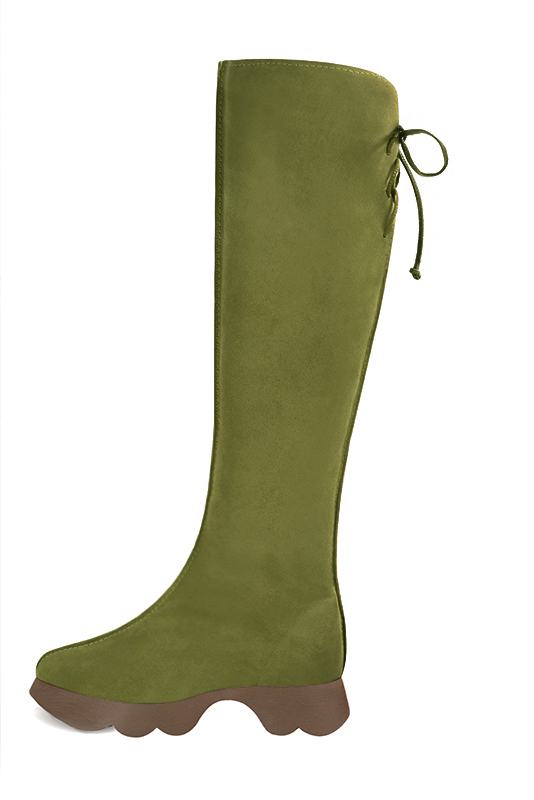 Botte femme : Bottes femme avec des lacets arrières sur mesures couleur vert pistache. Bout rond. Semelle gomme petit talon. Vue de profil - Florence KOOIJMAN
