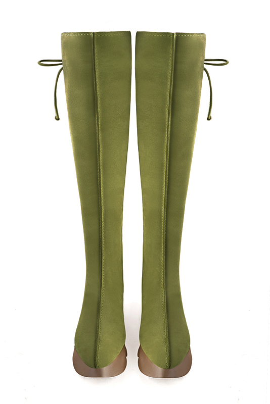 Botte femme : Bottes femme avec des lacets arrières sur mesures couleur vert pistache. Bout rond. Semelle gomme petit talon. Vue du dessus - Florence KOOIJMAN