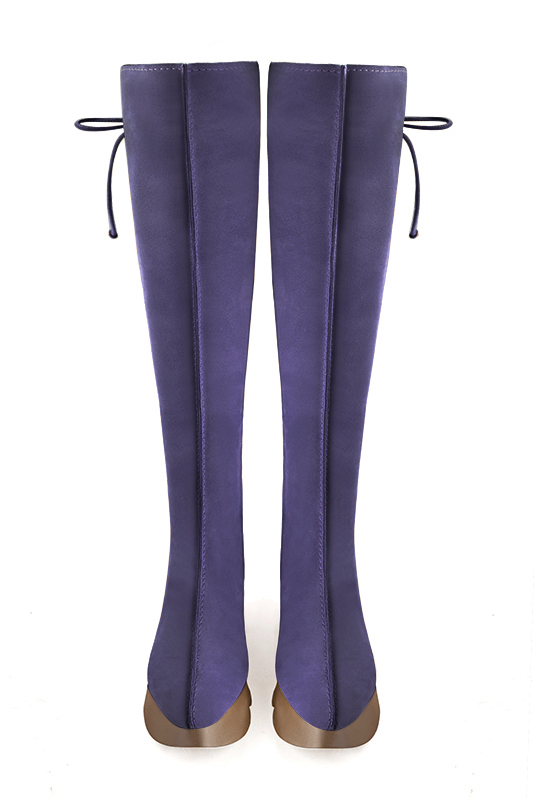 Botte femme : Bottes femme avec des lacets arrières sur mesures couleur violet lavande. Bout rond. Semelle gomme petit talon. Vue du dessus - Florence KOOIJMAN