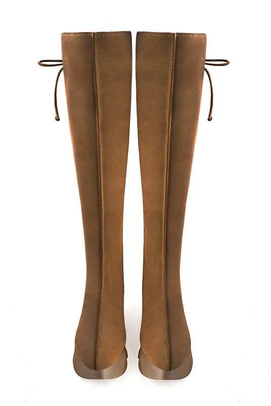 Botte femme : Bottes femme avec des lacets arrières sur mesures couleur marron caramel. Bout rond. Semelle gomme petit talon. Vue du dessus - Florence KOOIJMAN