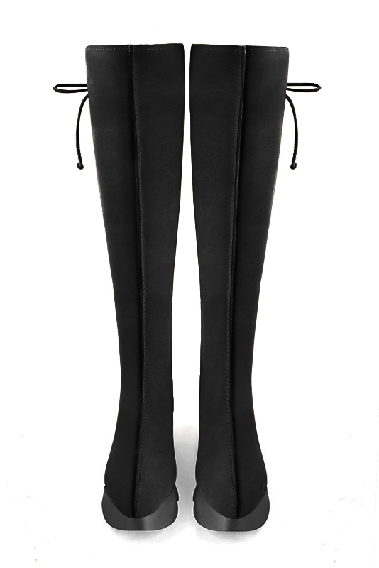 Botte femme : Bottes femme avec des lacets arrières sur mesures couleur noir mat. Bout rond. Semelle gomme petit talon. Vue du dessus - Florence KOOIJMAN