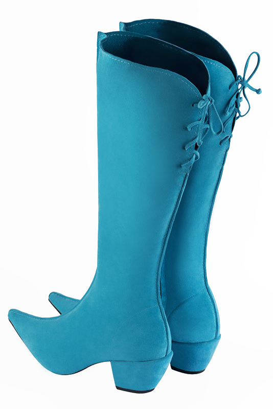 Bottes femme sur mesure avec des lacets à l'arrière bleu turquoise. Bout pointu. Talon conique de 5.5 cm - Vue arrière