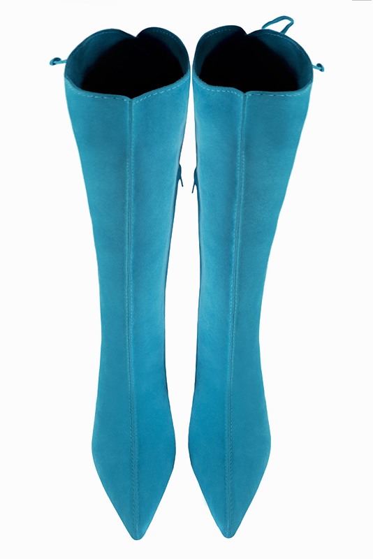 Bottes femme sur mesure avec des lacets à l'arrière bleu turquoise. Bout pointu. Talon conique de 5.5 cm - Vue du dessus