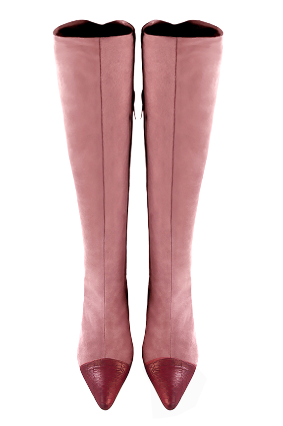 Botte femme : Bottes femme avec des lacets arrières sur mesures couleur rouge bordeaux et rose vieux rose. Bout effilé. Talon haut bottier. Vue du dessus - Florence KOOIJMAN