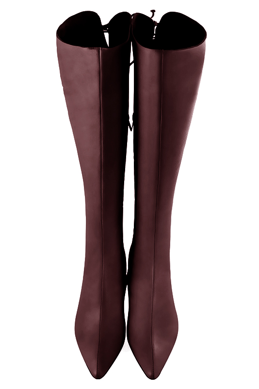 Botte femme : Bottes femme avec des lacets arrières sur mesures couleur rouge bordeaux. Bout effilé. Talon mi-haut bottier. Vue du dessus - Florence KOOIJMAN
