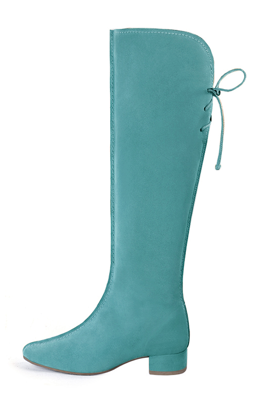 Botte femme : Bottes femme avec des lacets arrières sur mesures couleur bleu lagon. Bout rond. Petit talon bottier. Vue arrière - Florence KOOIJMAN