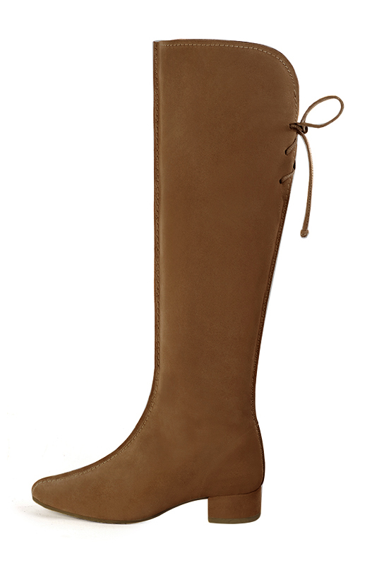 Botte femme : Bottes femme avec des lacets arrières sur mesures couleur marron caramel. Bout rond. Petit talon bottier. Vue arrière - Florence KOOIJMAN