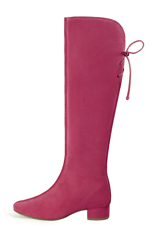 Botte femme : Bottes femme avec des lacets arrières sur mesures couleur rose fuchsia. Bout rond. Petit talon évasé. Vue de profil - Florence KOOIJMAN