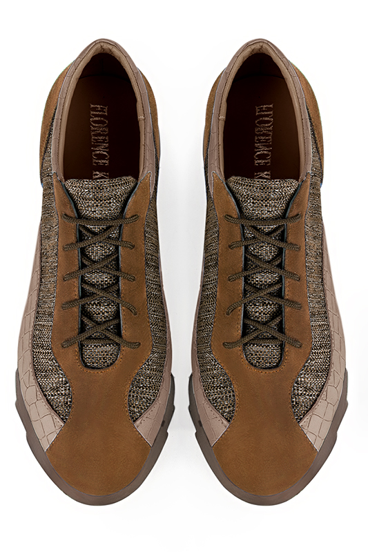 Basket femme habillée : Sneaker urbain tricolore couleur marron caramel et beige sahara. Semelle épaisse. Doublure cuir. Vue du dessus - Florence KOOIJMAN