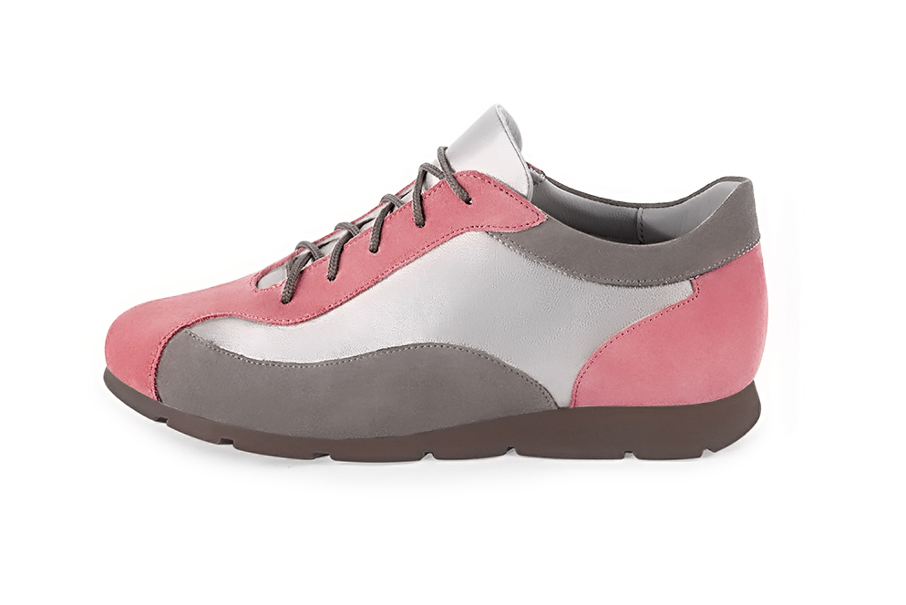 Basket femme habillée : Sneaker urbain bicolore couleur rose camélia, argent platine et gris galet. Semelle fine. Doublure cuir. Vue de profil - Florence KOOIJMAN