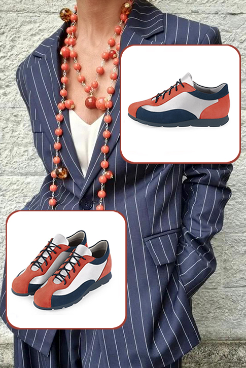 Baskets habillées femme orange corail, argent et bleu marine - Vue du dessus