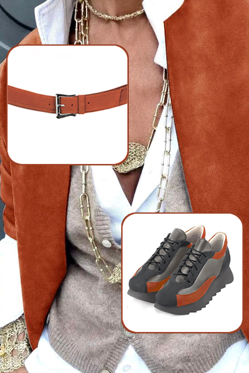 Baskets habillées femme gris acier, gris cendre et orange corail - Vue du dessus