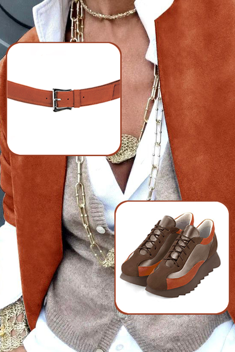 Baskets habillées femme marron chocolat, vieil or et orange corail - Vue porté