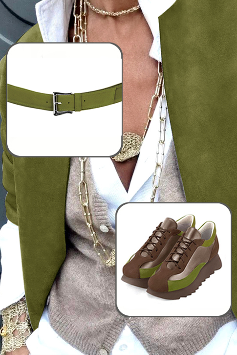 Baskets habillées femme marron chocolat, vieil or et vert pistache - Vue porté