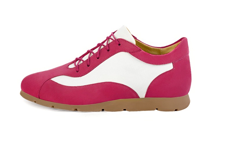 Basket femme habillée :  couleur rose fuchsia et blanc pur. Semelle fine. Doublure cuir. Vue de profil - Florence KOOIJMAN