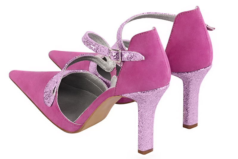 Chaussure femme à brides : Chaussure côtés ouverts bride serpent couleur rose pivoine. Bout pointu. Talon haut fin. Vue arrière - Florence KOOIJMAN