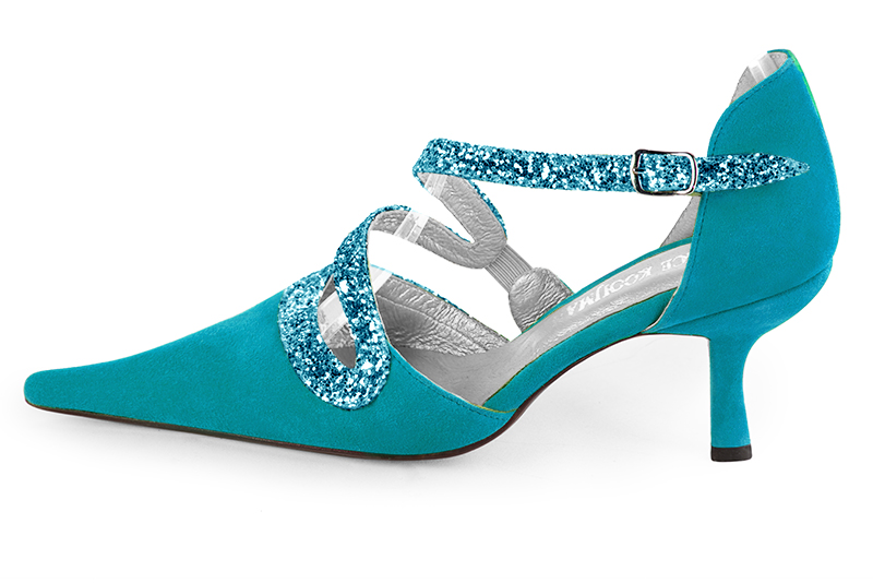 Chaussure femme à brides : Chaussure côtés ouverts bride serpent couleur bleu turquoise. Bout pointu. Talon haut fin. Vue de profil - Florence KOOIJMAN