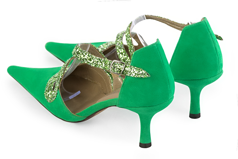Chaussure femme à brides : Chaussure côtés ouverts bride serpent couleur vert émeraude. Bout pointu. Talon haut fin. Vue arrière - Florence KOOIJMAN