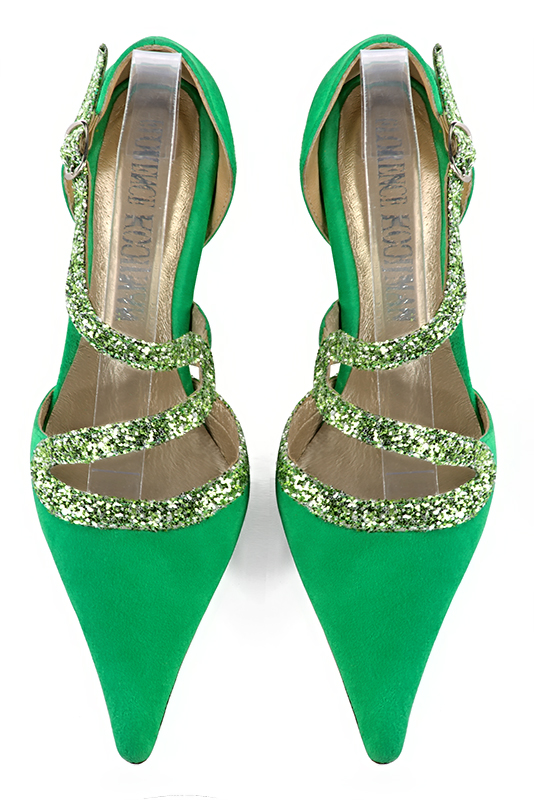 Chaussure femme à brides : Chaussure côtés ouverts bride serpent couleur vert émeraude. Bout pointu. Talon haut fin. Vue du dessus - Florence KOOIJMAN