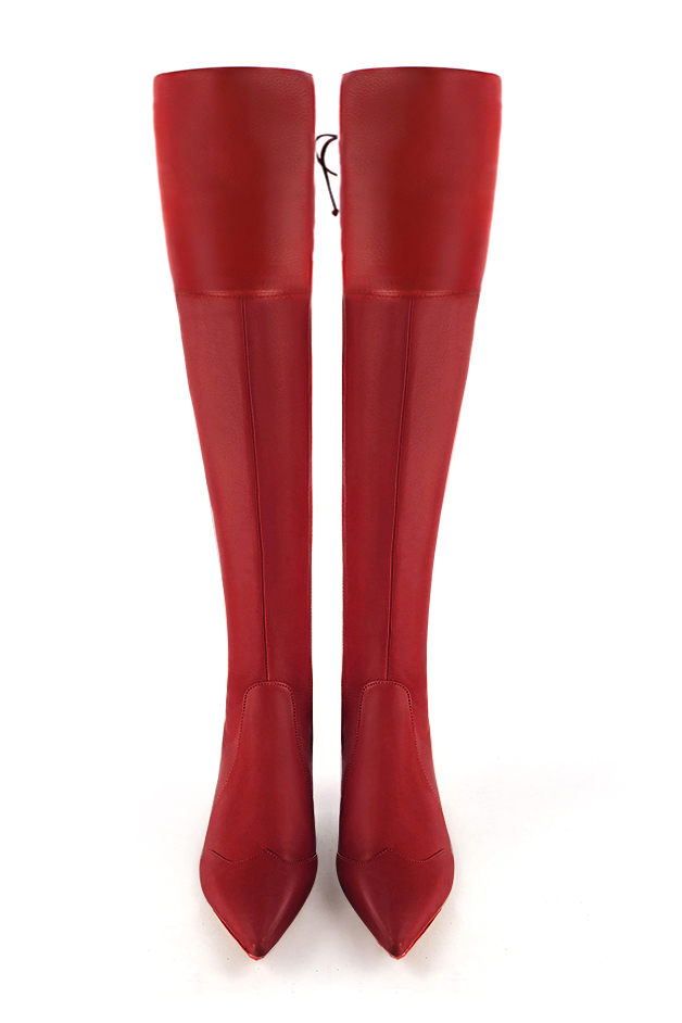 Cuissardes femme sur mesure en cuir rouge coquelicot. Bout pointu. Talon évasé de 3.5 cm - Vue du dessus