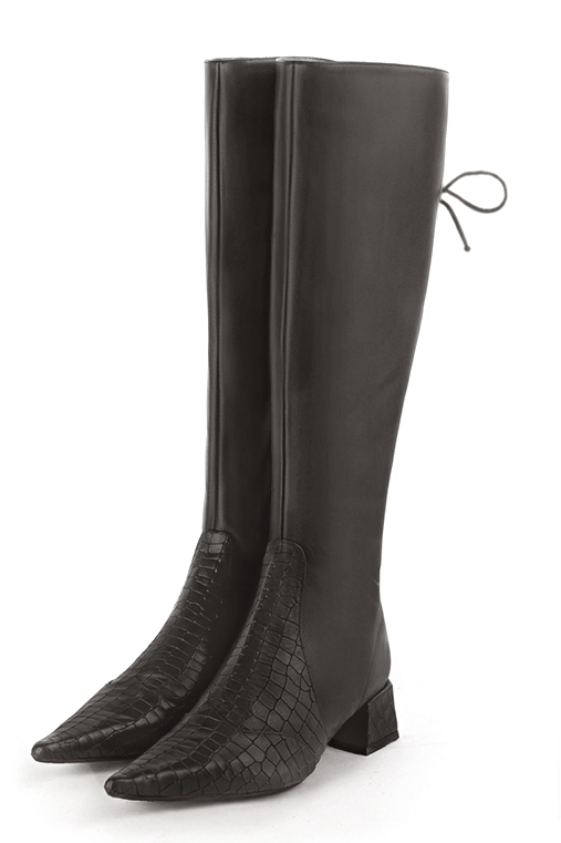 Botte femme : Bottes femme avec des lacets arrières sur mesures couleur gris acier. Bout pointu. Petit talon évasé. Vue avant - Florence KOOIJMAN