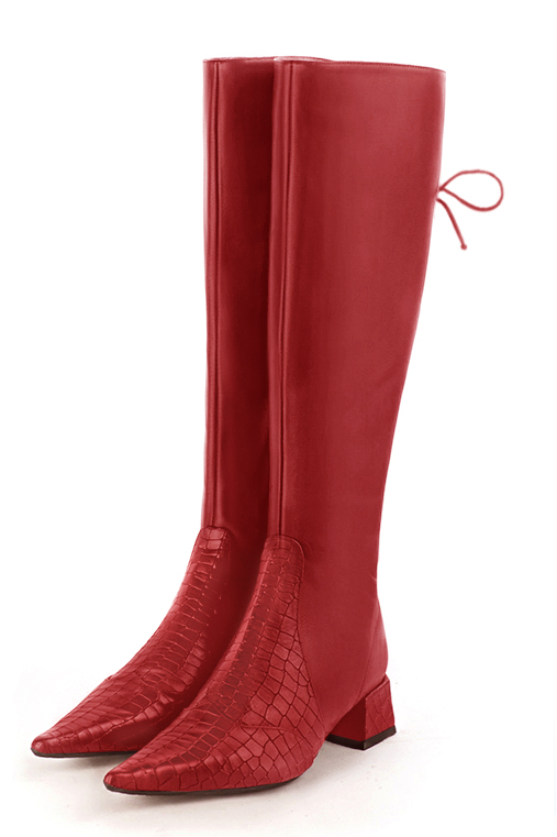 Botte femme : Bottes femme avec des lacets arrières sur mesures couleur rouge coquelicot. Bout pointu. Petit talon évasé. Vue avant - Florence KOOIJMAN