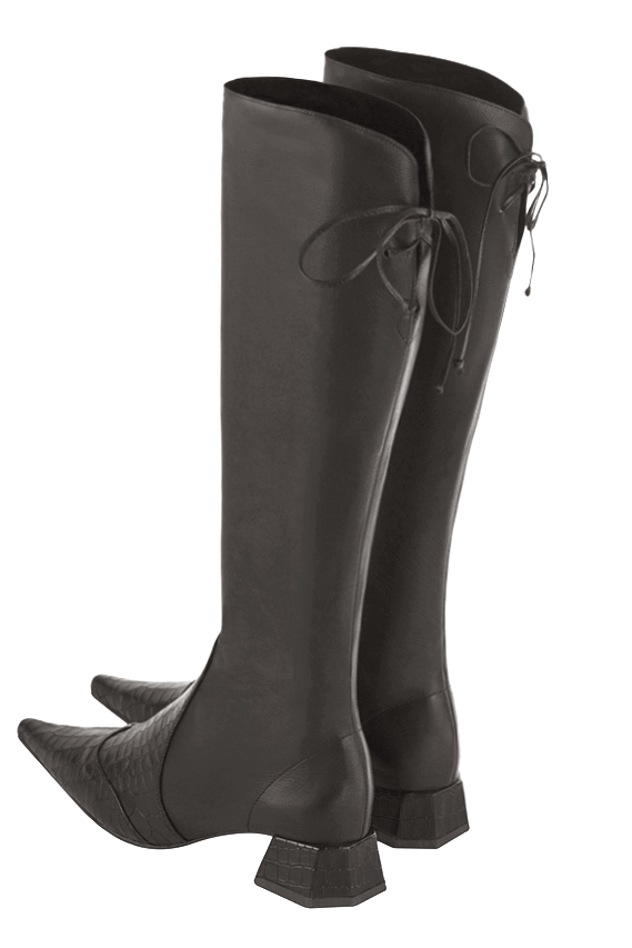 Botte femme : Bottes femme avec des lacets arrières sur mesures couleur gris acier. Bout pointu. Petit talon évasé. Vue arrière - Florence KOOIJMAN
