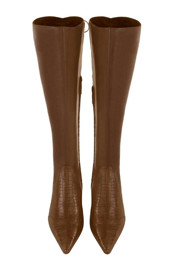 Botte femme : Bottes femme avec des lacets arrières sur mesures couleur marron caramel. Bout pointu. Petit talon évasé. Vue du dessus - Florence KOOIJMAN