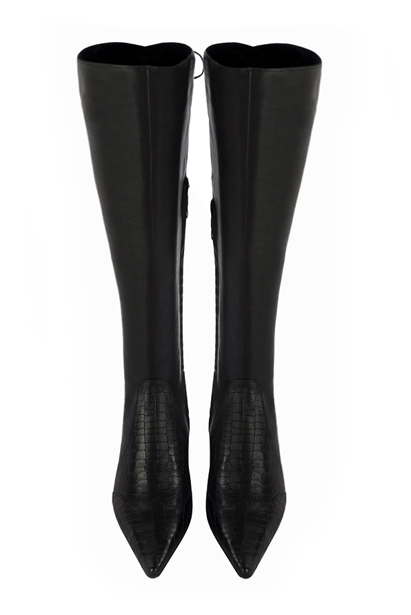 Botte femme : Bottes femme avec des lacets arrières sur mesures couleur noir satiné. Bout pointu. Petit talon évasé. Vue du dessus - Florence KOOIJMAN