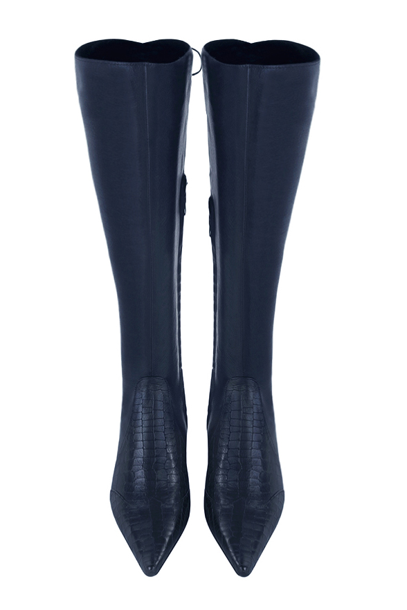 Botte femme : Bottes femme avec des lacets arrières sur mesures couleur bleu marine. Bout pointu. Petit talon évasé. Vue du dessus - Florence KOOIJMAN