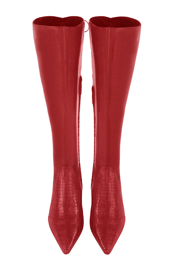 Botte femme : Bottes femme avec des lacets arrières sur mesures couleur rouge coquelicot. Bout pointu. Petit talon évasé. Vue du dessus - Florence KOOIJMAN