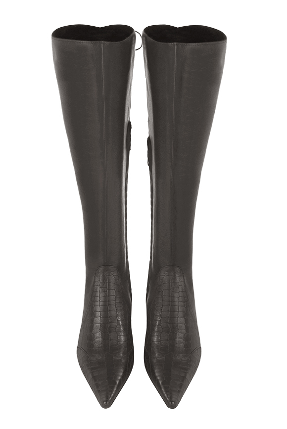 Botte femme : Bottes femme avec des lacets arrières sur mesures couleur gris acier. Bout pointu. Petit talon évasé. Vue du dessus - Florence KOOIJMAN