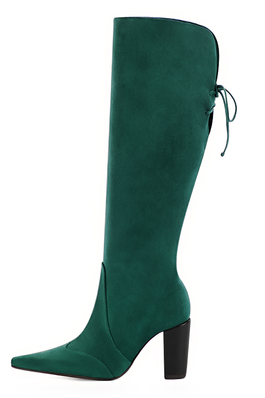 Botte femme : Bottes femme avec des lacets arrières sur mesures couleur vert bouteille. Bout pointu. Talon haut bottier. Vue de profil - Florence KOOIJMAN