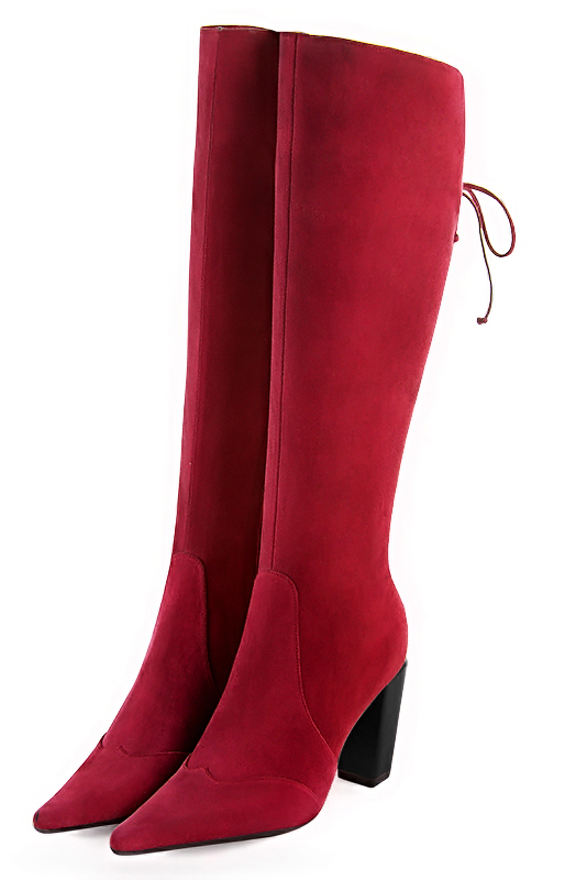 Bottes femme élégantes et raffinées, avec des lacets à l'arrière, réalisées sur mesure, coloris rouge carmin. Bout pointu. Haut. Talon bottier. Mollets fins ou larges. Personnalisation : Choix des cuirs, des couleurs et des talons. - Florence KOOIJMAN
