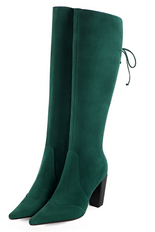 Botte femme : Bottes femme avec des lacets arrières sur mesures couleur vert bouteille. Bout pointu. Talon haut bottier. Vue avant - Florence KOOIJMAN
