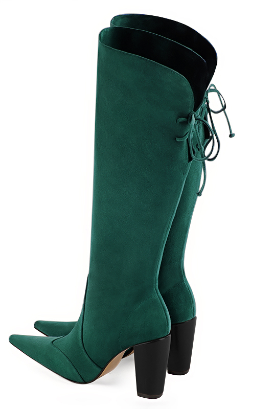 Botte femme : Bottes femme avec des lacets arrières sur mesures couleur vert bouteille. Bout pointu. Talon haut bottier. Vue arrière - Florence KOOIJMAN