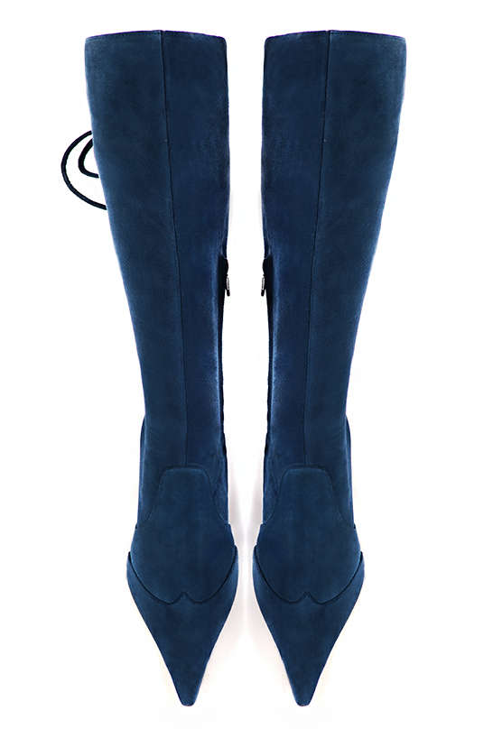 Botte femme : Bottes femme avec des lacets arrières sur mesures couleur bleu marine. Bout pointu. Talon haut bottier. Vue du dessus - Florence KOOIJMAN