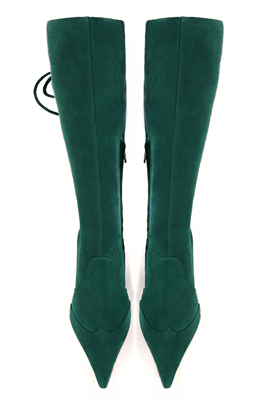 Botte femme : Bottes femme avec des lacets arrières sur mesures couleur vert bouteille. Bout pointu. Talon haut bottier. Vue du dessus - Florence KOOIJMAN