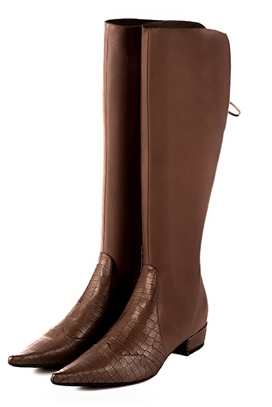 Bottes femme élégantes et raffinées, avec des lacets à l'arrière, réalisées sur mesure, coloris marron caramel. Bout pointu. Mi-haut. Talon bottier. Mollets fins ou larges. Personnalisation : Choix des cuirs, des couleurs et des talons. - Florence KOOIJMAN