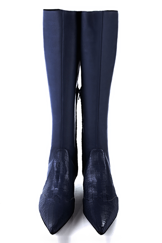 Bottes femme élégantes et raffinées, avec des lacets à l'arrière, réalisées sur mesure, coloris bleu marine. Bout pointu. Mi-haut. Talon bottier. Mollets fins ou larges. Personnalisation : Choix des cuirs, des couleurs et des talons. - Florence KOOIJMAN