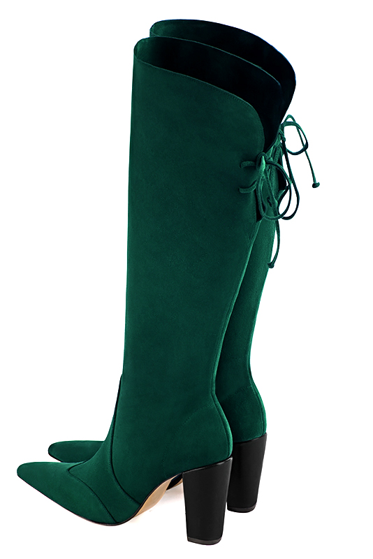 Botte femme : Bottes femme avec des lacets arrières sur mesures couleur vert bouteille. Bout effilé. Talon très haut bottier. Vue arrière - Florence KOOIJMAN