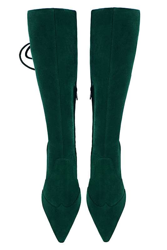 Botte femme : Bottes femme avec des lacets arrières sur mesures couleur vert bouteille. Bout effilé. Talon très haut bottier. Vue du dessus - Florence KOOIJMAN