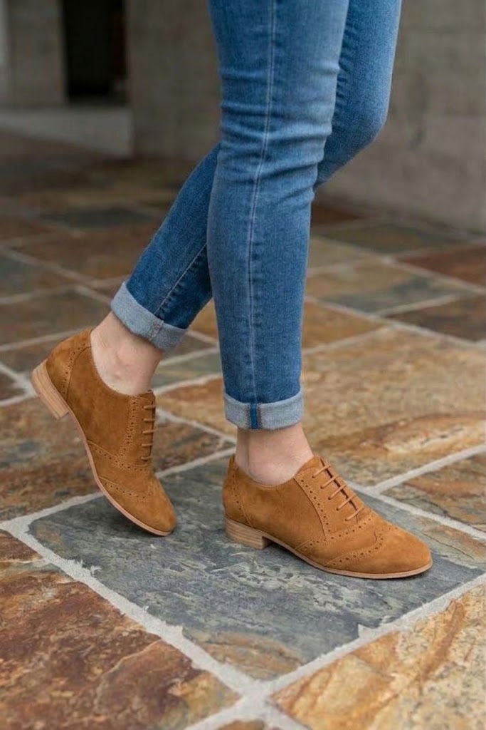 Chaussures à lacets femme habillées en cuir camel à semelle en cuir et bout rond - Vue du dessus