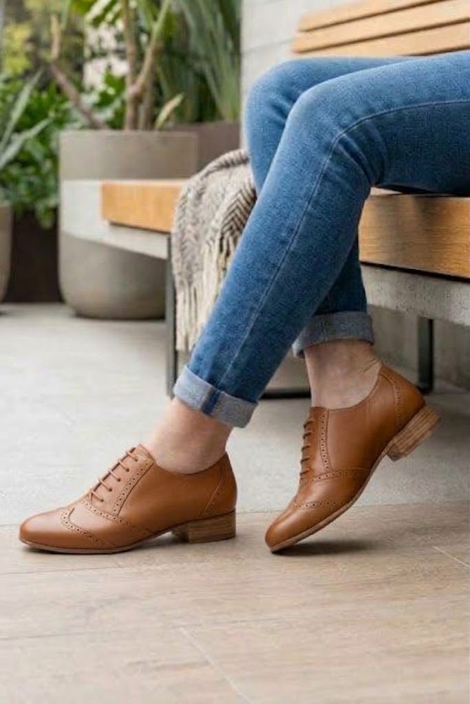 Chaussures à lacets femme habillées en cuir cognac à semelle en cuir et bout rond - Vue porté