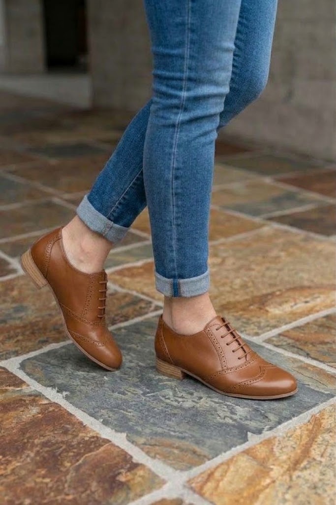 Chaussures à lacets femme habillées en cuir cognac à semelle en cuir et bout rond - Vue du dessus