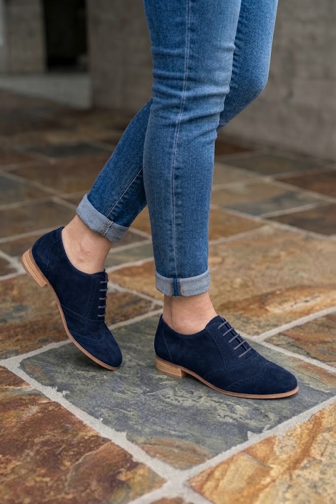 Chaussures à lacets femme habillées en cuir bleu marine à semelle en cuir et bout rond - Vue porté